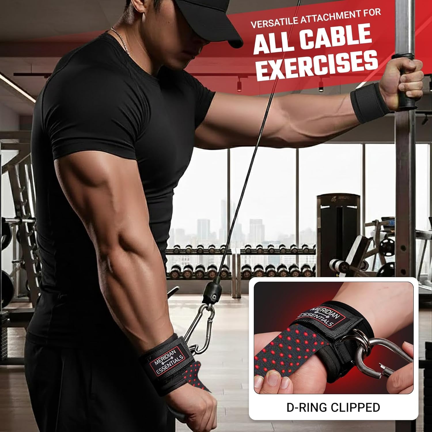 Weightlifting Straps with D-Ring – Heavy-Duty Lifting Straps with Cable Attachment, Neoprene Wrist Padding & Non-Slip Grip for Deadlifts, Rows, Cable Workouts & Pull Exercises - Black